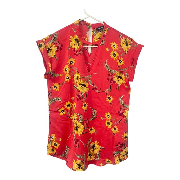 Express Red Sunflower Print Keyhole Lightweight Satin Feel Blouse Size Small - Picture 1 of 9